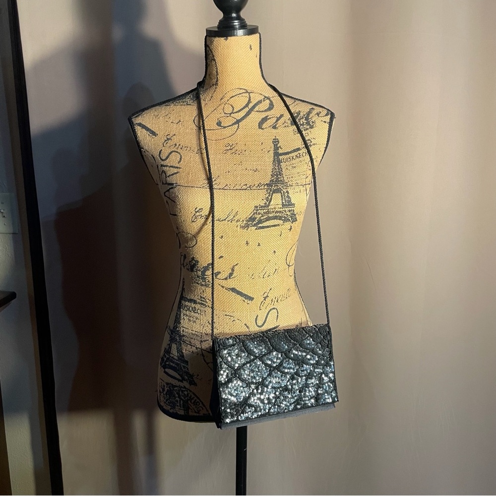 Vintage Sequined and satin black evening bag, shoulder or clutch style purse